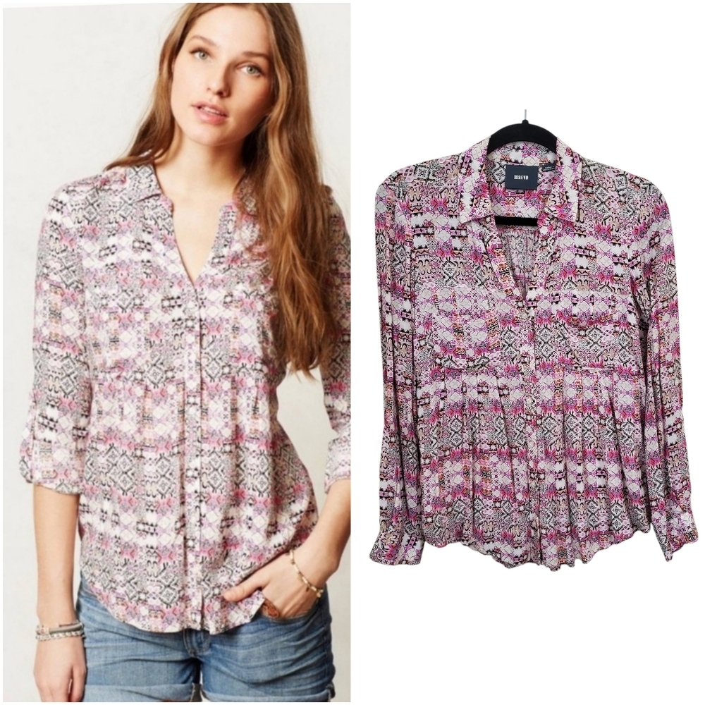 Anthropologie Maeve Islet Floral Print Button Down Rayon Casual  Summer XS